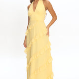 Flirt Frill Trim Halter Maxi Dress Lemon