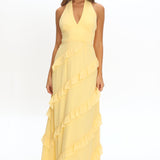 Flirt Frill Trim Halter Maxi Dress Lemon