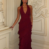Flirt Frill Trim Halter Maxi Dress Wine