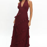 Flirt Frill Trim Halter Maxi Dress Wine
