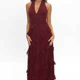 Flirt Frill Trim Halter Maxi Dress Wine
