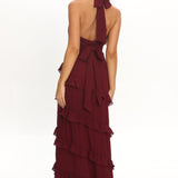 Flirt Frill Trim Halter Maxi Dress Wine