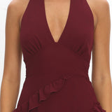 Flirt Frill Trim Halter Maxi Dress Wine