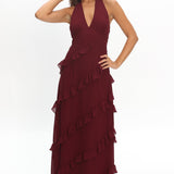 Flirt Frill Trim Halter Maxi Dress Wine