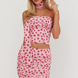 Charise Ruched Mini Skirt Roses Pink