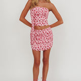 Charise Ruched Mini Skirt Roses Pink