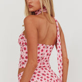 Charise Strapless Neck Tie Top Roses Pink