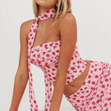Charise Strapless Neck Tie Top Roses Pink
