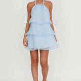 Tulips Tiered Halterneck Mini Dress Baby Blue