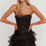 Bless Strapless Organza Ruffle Mini Dress Black