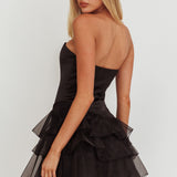 Bless Strapless Organza Ruffle Mini Dress Black