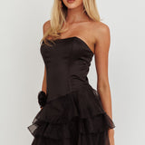 Bless Strapless Organza Ruffle Mini Dress Black