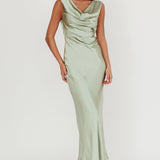 Chills Cowl Neck Satin Maxi Dress Sage