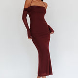 Numbers Game Off-Shoulder Halter Maxi Dress Chocolate