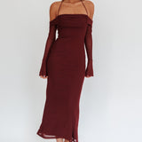 Numbers Game Off-Shoulder Halter Maxi Dress Chocolate