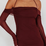 Numbers Game Off-Shoulder Halter Maxi Dress Chocolate