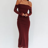 Numbers Game Off-Shoulder Halter Maxi Dress Chocolate