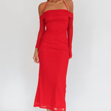 Numbers Game Off-Shoulder Halter Maxi Dress Red