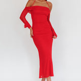 Numbers Game Off-Shoulder Halter Maxi Dress Red