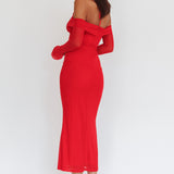 Numbers Game Off-Shoulder Halter Maxi Dress Red