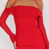Numbers Game Off-Shoulder Halter Maxi Dress Red