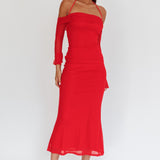 Numbers Game Off-Shoulder Halter Maxi Dress Red