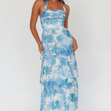 Seascape Halterneck Layered Maxi Dress Floral Blue