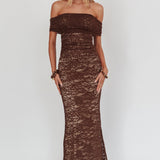 Flutters Off-Shoulder Lace Maxi Dress Chocolate