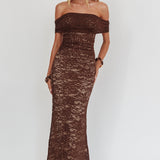 Flutters Off-Shoulder Lace Maxi Dress Chocolate
