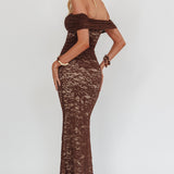 Flutters Off-Shoulder Lace Maxi Dress Chocolate