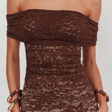 Flutters Off-Shoulder Lace Maxi Dress Chocolate