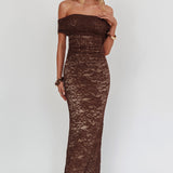 Flutters Off-Shoulder Lace Maxi Dress Chocolate