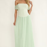 Flutters Off-Shoulder Accordion Pleat Dress Sage