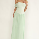 Flutters Off-Shoulder Accordion Pleat Dress Sage