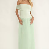 Flutters Off-Shoulder Accordion Pleat Dress Sage