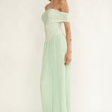 Flutters Off-Shoulder Accordion Pleat Dress Sage