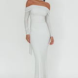 Flutters Off-Shoulder Long Sleeve Maxi Dress White