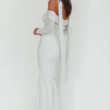 Flutters Off-Shoulder Long Sleeve Maxi Dress White