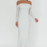 Flutters Off-Shoulder Long Sleeve Maxi Dress White