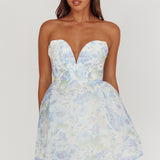 Gem Deep Sweetheart Neckline Mini Dress Floral Blue