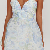Gem Deep Sweetheart Neckline Mini Dress Floral Blue