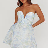 Gem Deep Sweetheart Neckline Mini Dress Floral Blue
