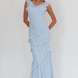 Sangria Cowl Neck Frill Maxi Dress Blue