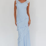 Sangria Cowl Neck Frill Maxi Dress Blue