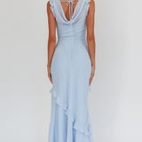 Sangria Cowl Neck Frill Maxi Dress Blue