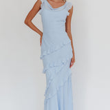 Sangria Cowl Neck Frill Maxi Dress Blue
