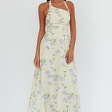 Auriana Asymmetric Neckline Halter maxi Dress Floral Lemon