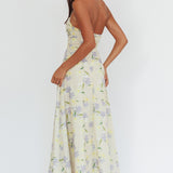 Auriana Asymmetric Neckline Halter maxi Dress Floral Lemon