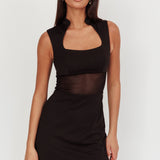 Astro Mandarin Collar Mesh Mini Dress Black