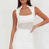 Astro Mandarin Collar Mesh Mini Dress White